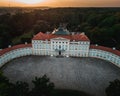 Aerial view of a sunset over Palace Rogalin in Poland