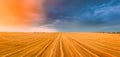 Aerial View Of Sunset Sunrise Bright Sky Above Summer Hay Field Landscape In Evening Sunset. Cut Dry Grass Turned Into Royalty Free Stock Photo