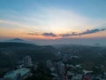 Aerial view of sunset at Wuji Tianyuan Temple by drone in Tamsui, New Taipei City, Taiwan. Royalty Free Stock Photo