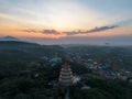 Aerial view of sunset at Wuji Tianyuan Temple by drone in Tamsui, New Taipei City, Taiwan. Royalty Free Stock Photo
