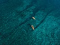 Aerial view of surfer girls in transparent ocean. Surfing in tropical island Royalty Free Stock Photo