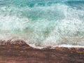 Aerial view of surfers in the waves of the  Atlantic ocean. Sandy beach. Panorama background shot on a drone. Selectivity focus Royalty Free Stock Photo