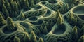 Aerial View of Surreal Green Landscape with Unique Patterns and Evergreen Trees