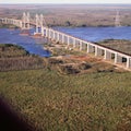 aerial view of the suspension bridge of zarate brazo largo crossing the parana river province of buenos aires argentina, Royalty Free Stock Photo