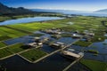 aerial view of sustainable fish farm in natural ponds Royalty Free Stock Photo