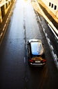 Aerial view of SUV car running on the onramp. Mercedes GLE 250D car in motion on highway, view from above