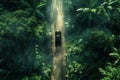 Aerial view of suv on remote jungle road Royalty Free Stock Photo