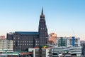 Aerial View of Suwon City of South Korea. A lots of traditional houses and modern buildings and The First Cathedral under the