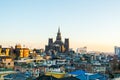 Aerial View of Suwon City of South Korea. A lots of traditional houses and modern buildings and The First Cathedral under the