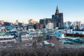 Aerial View of Suwon City of South Korea. A lots of traditional houses and modern buildings and The First Cathedral under the