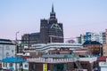 Aerial View of Suwon City of South Korea. A lots of traditional houses and modern buildings and The First Cathedral under the