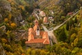 Aerial view of Svaty Jan pod Skalou monastery and village, Czech Republ