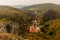 Aerial view of Svaty Jan pod Skalou monastery and village, Czech Republ