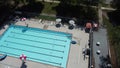 A aerial view of a pool