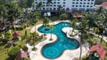 Aerial view of Swimming pool in garden and terrace. Pekanbaru, Indonesia, January 29, 2023