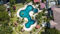 Aerial view of Swimming pool in garden and terrace. Pekanbaru, Indonesia, January 29, 2023