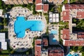 Aerial View Of swimming pool in hotel resort. Turkish Riviera. Side, Mediterranean Sea Coast, Antalya, Turkey drone photo Royalty Free Stock Photo