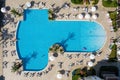 Aerial View Of swimming pool in hotel resort. Turkish Riviera. Side, Mediterranean Sea Coast, Antalya, Turkey drone photo Royalty Free Stock Photo