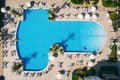 Aerial View Of swimming pool in hotel resort. Turkish Riviera. Side, Mediterranean Sea Coast, Antalya, Turkey drone photo Royalty Free Stock Photo