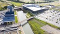 Aerial view of the new foot bridge near H&W the new Deanery School and Waitrose in Wichelstowe in Swindon Royalty Free Stock Photo