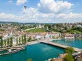 Aerial view of the Swiss old town Schaffhausen, with the medival castle Munot over the Rhine river