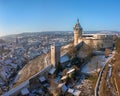 Aerial view of the Swiss old town Schaffhausen in winter, with the medieval castle Munot Royalty Free Stock Photo