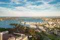 Aerial view of Sydney Harbour, Woolloomooloo and Royal Botanic Garden in view