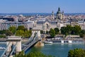 Aerial view of SzÃÂ©chenyi Chain Bridge across the River Danube connecting Buda and Pest, Budapest, Hungary