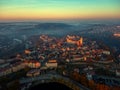 aerial view of Tabor czech republic, lake and church tower winter morning sunlight Royalty Free Stock Photo