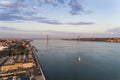 Aerial view of the Tagus River RIo Tejo in the city of Lisbon with sail boats and the 25 of April Bridge on the background; Royalty Free Stock Photo