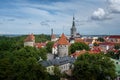 Aerial view of Tallinn with many towers of Tallinn City Wall and St Olaf Church Tower - Tallinn, Estonia Royalty Free Stock Photo