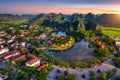 Aerial view of Tam coc at sunrise in Vietnam Royalty Free Stock Photo