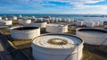 Aerial view of tank terminal with lots of oil storage tank and petrochemical storage tank in the harbour, Industrial tank storage Royalty Free Stock Photo