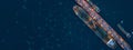 Aerial view tanker ship vessel unloading at port at night, Global business logistic import export oil and gas petrochemical with