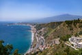 Aerial view of Taormina city, mediterranean sea and Mount Etna Volcano - Taormina, Sicily, Italy Royalty Free Stock Photo