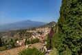 Aerial view of Taormina city and Mount Etna Volcano - Taormina, Sicily, Italy Royalty Free Stock Photo