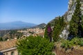 Aerial view of Taormina city and Mount Etna Volcano - Taormina, Sicily, Italy Royalty Free Stock Photo