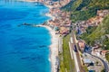 Aerial view of Taormina-Giardini station and Giardini Naxos, comune in Messina on Sicily Island, Italy Royalty Free Stock Photo