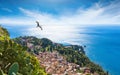 Aerial view of Taormina resort town located in Metropolitan City of Messina, on east coast of Sicily island, Italy Royalty Free Stock Photo