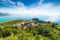 Aerial view of Taormina resort town located in Metropolitan City of Messina, on east coast of Sicily island, Italy Royalty Free Stock Photo