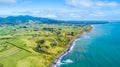 Aerial view on Tasman coast with farms and stock paddocks. Taranaki region, New Zealand