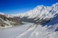 Aerial view of the Tasman Glacier and Aoraki / Mount Cook, Southern Alps, New Zealand.