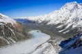 Aerial view of the Tasman Glacier and Aoraki / Mount Cook, Southern Alps, New Zealand.