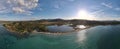 Aerial view of Tavolara Island, lagoon, Porto Taverna Beach in Sardinia, Italy on clear sunny day. Royalty Free Stock Photo