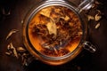 aerial view of tea leaves steeping in glass kettle