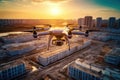 Aerial view technician drone flies solar rooftop in the city first person view