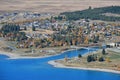 Aerial view of Tekapo Town next to Lake Tekapo in Canterbury Royalty Free Stock Photo