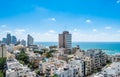 Aerial view of Tel Aviv City with modern skylines and luxury hotels against blue sky at the beach near the Tel Aviv port in Israel Royalty Free Stock Photo