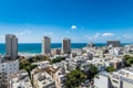 Aerial view of Tel Aviv City with modern skylines and luxury hotels against blue sky at the beach near the Tel Aviv port in Israel Royalty Free Stock Photo