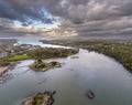 Aerial view of Telford`s Suspension Bridge Across The Menai Starights - Wales, UK Royalty Free Stock Photo